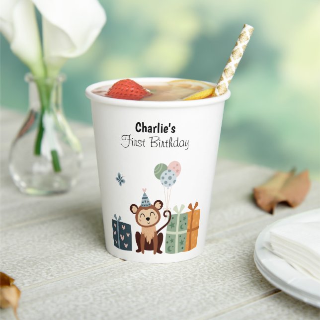 Happy Monkey with balloons and gifts, birthday Paper Cups (Insitu)