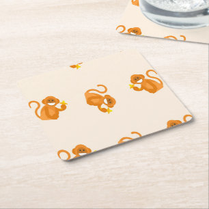 Happy monkeys eating a banana pattern square paper coaster