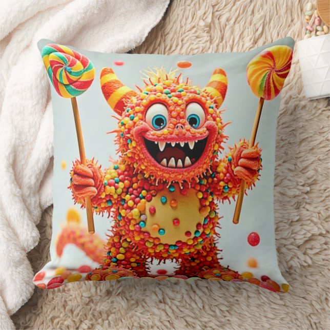 Happy Monster Candy Delight Design Throw Pillow (Blanket)
