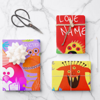 HAPPY MONSTER CUSTOM TEXT GIFT WRAP FLAT SHEETS