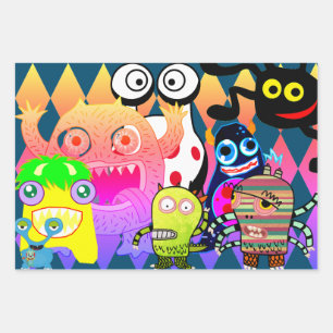 HAPPY MONSTERS Wrapping Paper Flat Sheet Set of 3