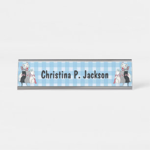 Happy Mother Cat Three Kittens Bows Plaid Desk Name Plate
