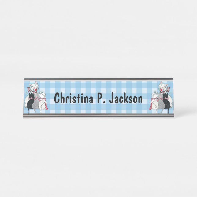 Happy Mother Cat Three Kittens Bows Plaid Desk Name Plate (Front)