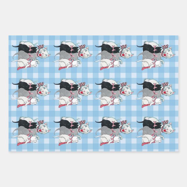 Happy Mother Cat With Three Kittens Plaid Wrapping Paper Sheet (Front)