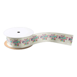 Happy Mother Day Text and Flowers Pattern Satin Ribbon