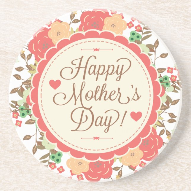 Happy Mother Day Text & Colourful Floral Design 2 Coaster (Front)