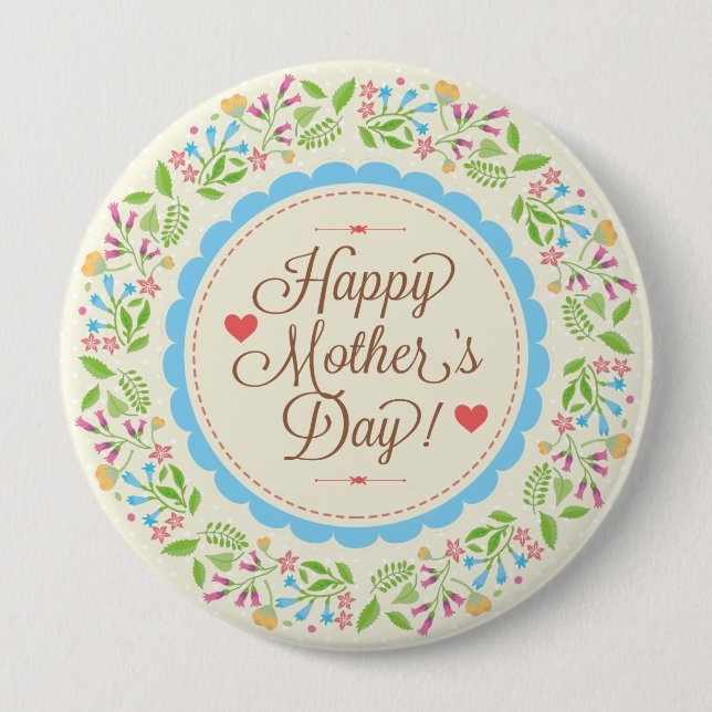 Happy Mother Day Text & Colourful Floral Wreath 4 Inch Round Button (Front)