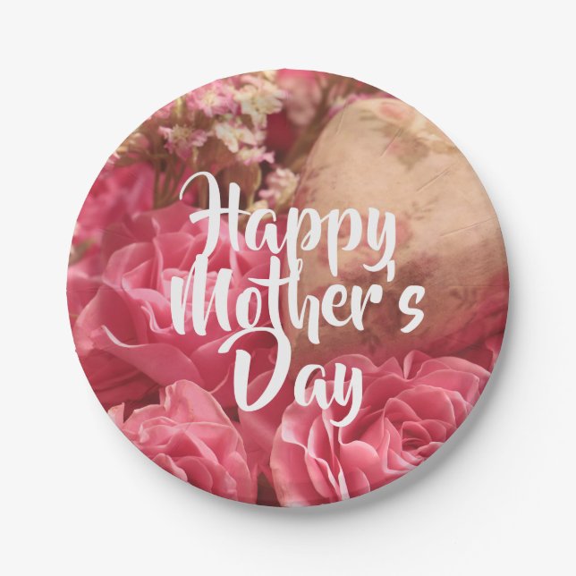 Happy Mother’s Day Heart Roses Paper Plate (Front)