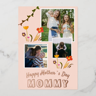 Happy Mother`s Day Mommy Flower 3 Photo Gold Foil Holiday Card