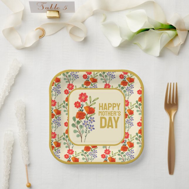 Happy Mother’s Day Wildflowers Gold Frame Paper Plate (Wedding)