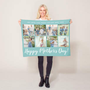 Happy Mother's Day 8 Photo Custom Light Blue Fleece Blanket