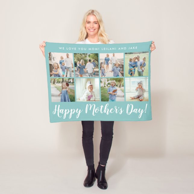 Happy Mother's Day 8 Photo Custom Light Blue Fleece Blanket (In Situ)