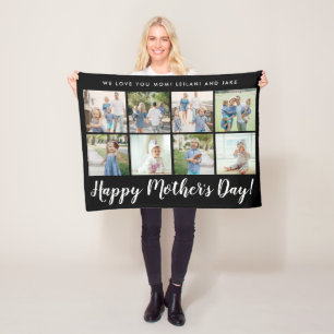 Happy Mother's Day 8 Photo Custom Message   Black Fleece Blanket