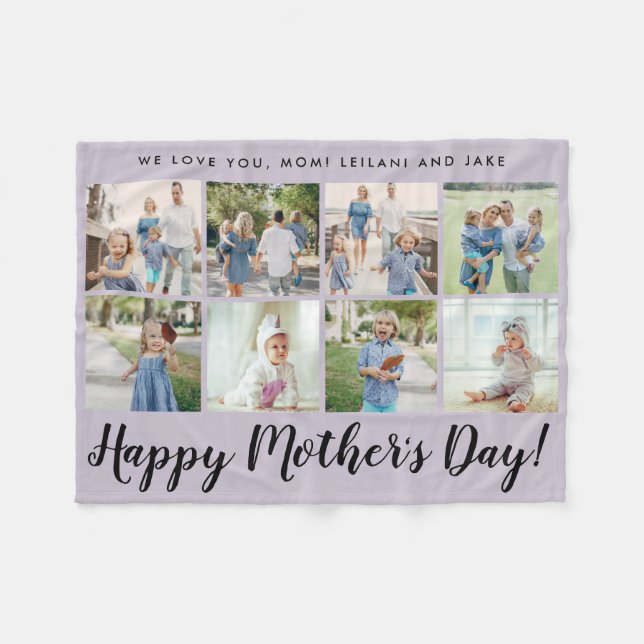 Happy Mother's Day 8 Photo Custom Message Purple Fleece Blanket (Front (Horizontal))