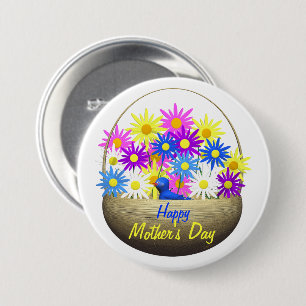 Happy Mothers Day Basket of Daisies and Blue Bird 3 Inch Round Button