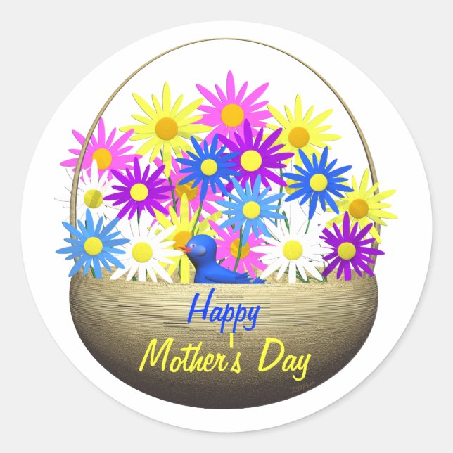 Happy Mothers Day Basket of Daisies and Blue Bird Classic Round Sticker (Front)
