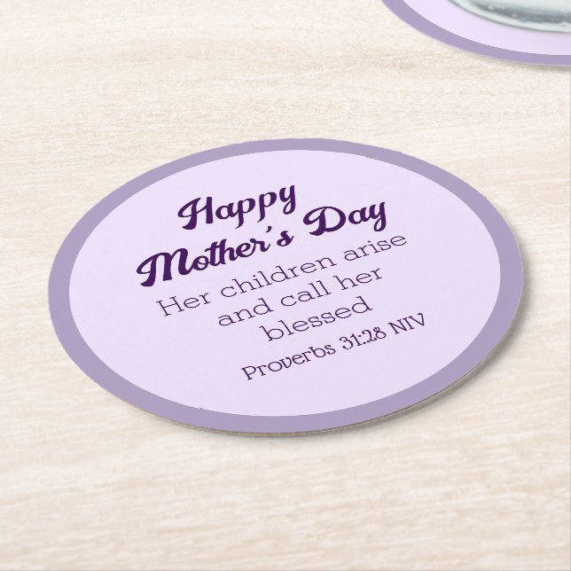 Happy Mother's Day Bible Verse Light Purple Simple Round Paper Coaster (Angled)