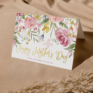 Happy Mother's Day   Blush Pink Flowers and Gold Foil Holiday Card