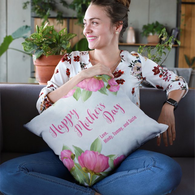 Happy Mother's Day Chic Pink Floral Throw Pillow (Pink floral Mother's Day Pillows)