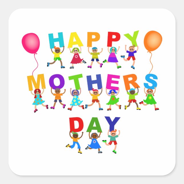 Happy Mothers Day Cute Cartoon Diverse Kids Text Square Sticker (Front)