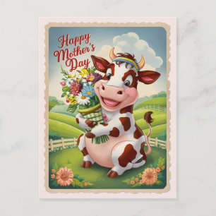Happy Mother's Day Cute Cow with flowers vintage  Postcard