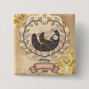 Happy Mother's Day Cute Fun Koala Sloth and Baby 2 Inch Square Button