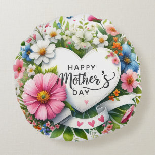 Happy Mothers Day Floral Heart  Round Pillow