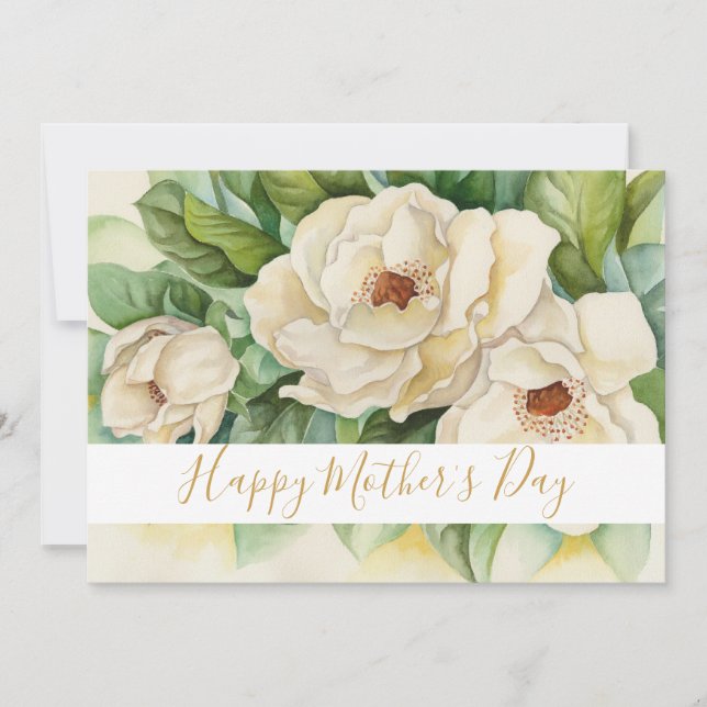 Happy Mother's Day Floral Magnolia Gold Script Holiday Card (Front)
