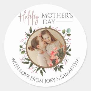 Happy Mothers Day   Floral Modern Script 1 Photo  Classic Round Sticker