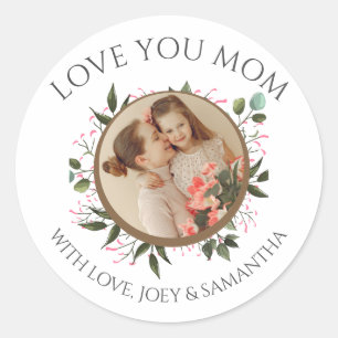 Happy Mothers Day   Floral Modern Script 1 Photo  Classic Round Sticker