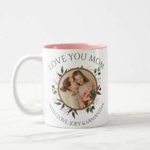 Happy Mothers Day Floral Modern Script 1 Photo Two-Tone Coffee Mug