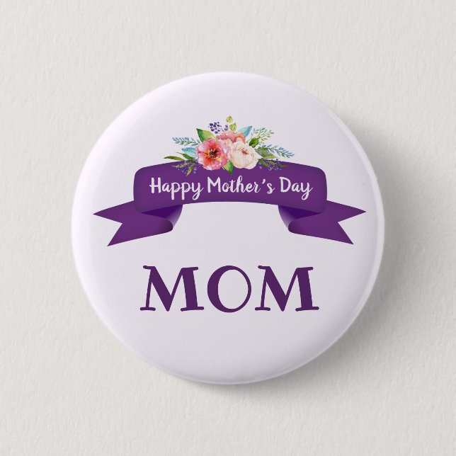Happy Mother's Day Floral on Purple Ribbon Gift 2 Inch Round Button (Front)