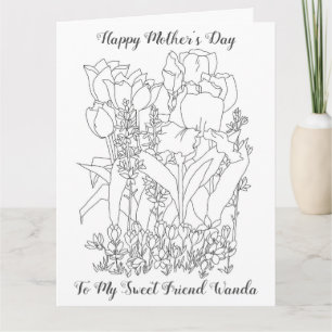 Happy Mother's Day Friend Colouring Page Flowers Card