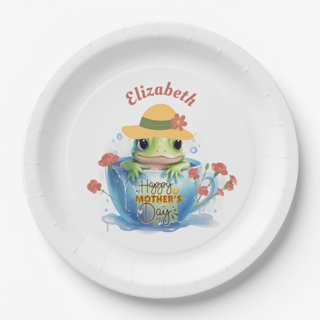 Happy Mother's Day Frog and Hat in a Teacup Paper Plate (Front)