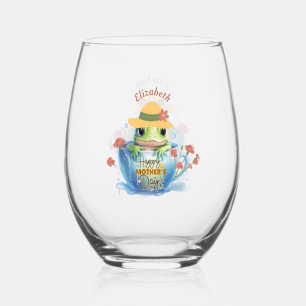 Happy Mother's Day Frog and Hat in a Teacup Stemless Wine Glass