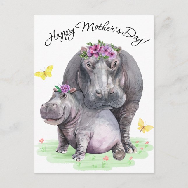 Happy Mothers Day Fun Hippo Postcard (Front)