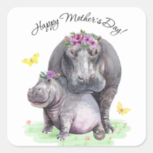 Happy Mothers Day Fun Hippo  Square Sticker