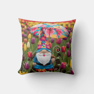 Happy Mother's Day: Gnome in Tulip Field Throw Pillow