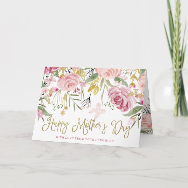 Happy Mother's Day | Gold and Blush Pink Flowers Card (Front)