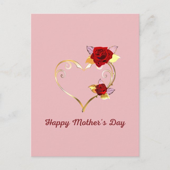 Happy Mother's Day Gold Heart and Red Roses Postcard (Front)