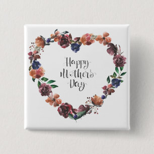 Happy Mother's Day Heart Floral Flowers Script 2 Inch Square Button