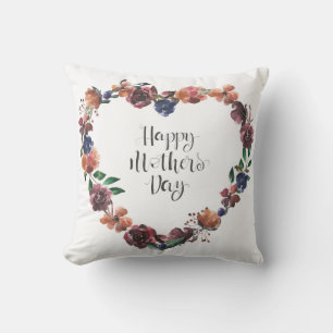 Happy Mother's Day Heart Floral Flowers Script Throw Pillow