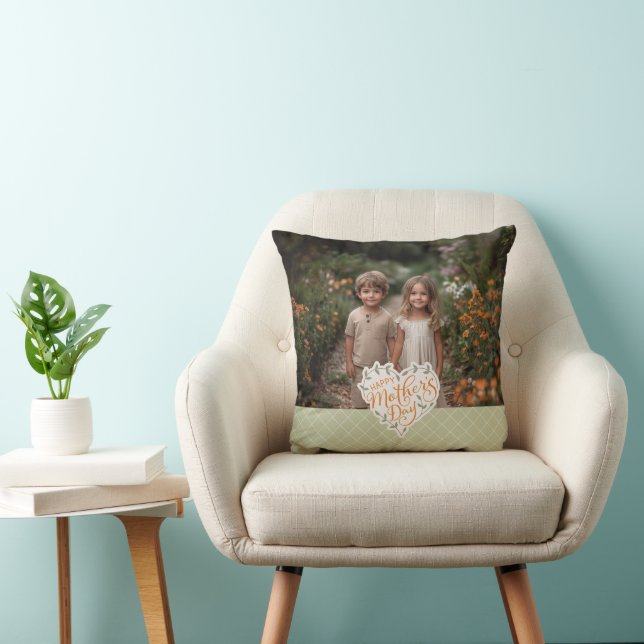 Happy Mother's Day Heart Typography Photo Sage Throw Pillow (Chair)