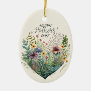 Happy Mother's Day Hearts And Flowers Ceramic Ornament