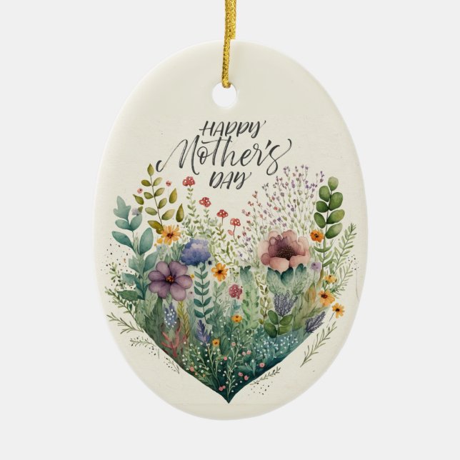 Happy Mother's Day Hearts And Flowers Ceramic Ornament (Front)