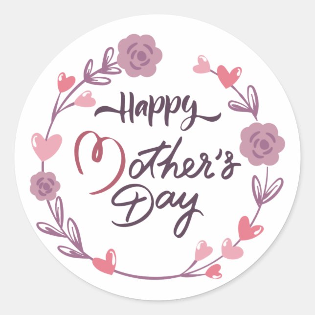 Happy Mother's Day Hearts Floral Wreath Bouquet Classic Round Sticker (Front)