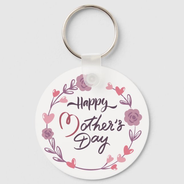 Happy Mother's Day Hearts Floral Wreath Bouquet Keychain (Front)