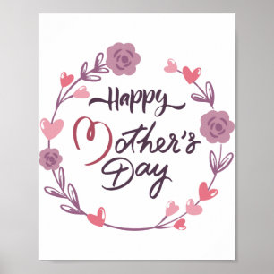 Happy Mother's Day Hearts Floral Wreath Bouquet Poster