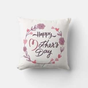 Happy Mother's Day Hearts Floral Wreath Bouquet Throw Pillow