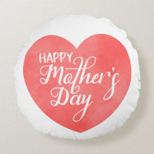 Happy mother's day in pink heart, watercolor heart round pillow
